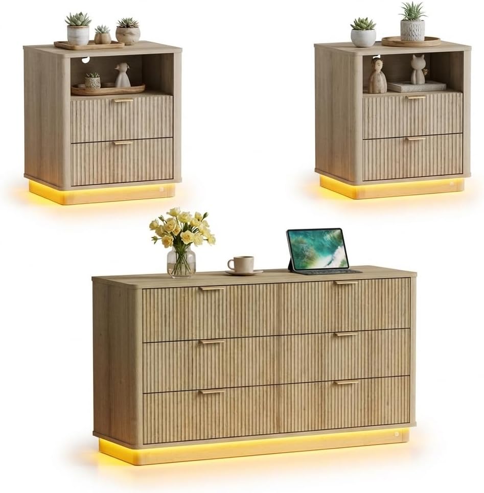 Dresser and Nightstand Sets 3 Piece, Bedroom Set with Charging Station, Large...