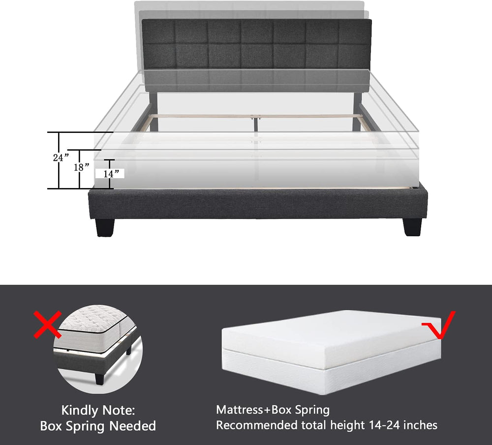 Allewie Queen Size Panel Bed Frame Box Spring Needed Dark Grey
