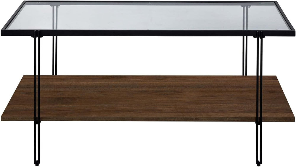 Nathan James Asher Mid-Century Rectangle Coffee Table Glass Top and Wood Fini...
