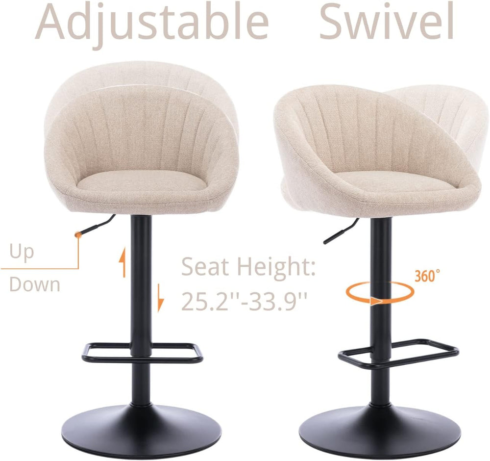 Set of 2 Adjustable Swivel Bar Stools, Beige Terrycloth