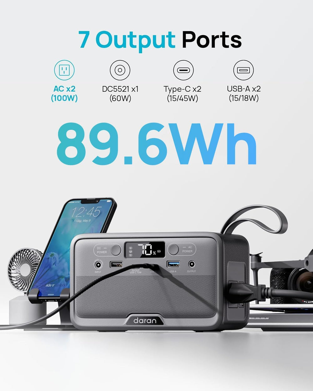 Daran Portable Power Station 89.6Wh LiFePO4 Battery 100W(200W Peak) Solar Pow...