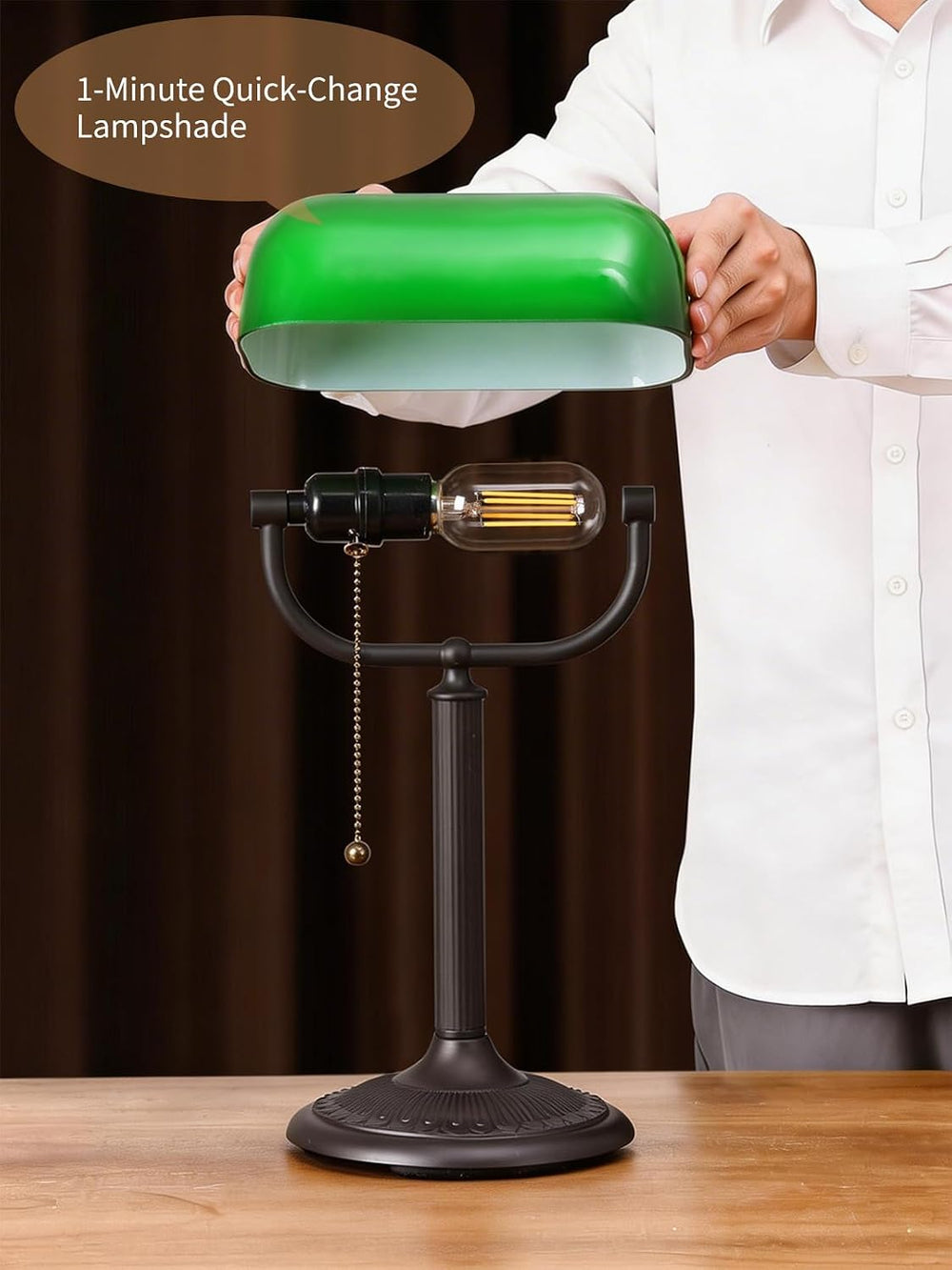 1-Minute Quick-Change Shade Antique Green Glass Bankers Desk Lamp