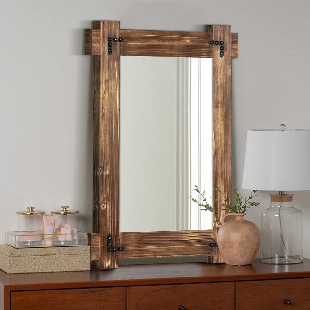 MeMoreCool Rustic Wood Wall Mirror 40x28 Inch, Farmhouse Bathroom Mirror