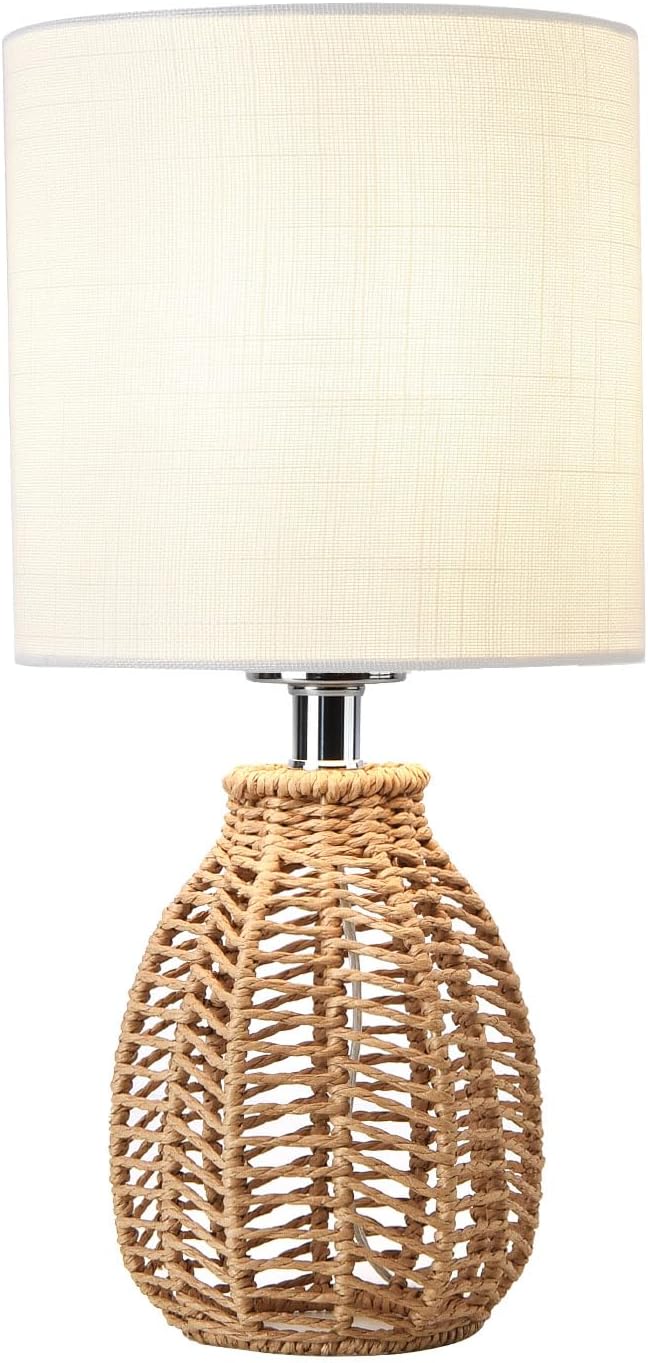 KUNJOULAM Rattan Table Lamp, Small Nightstand Lamp with Linen Fabric Lampshad...