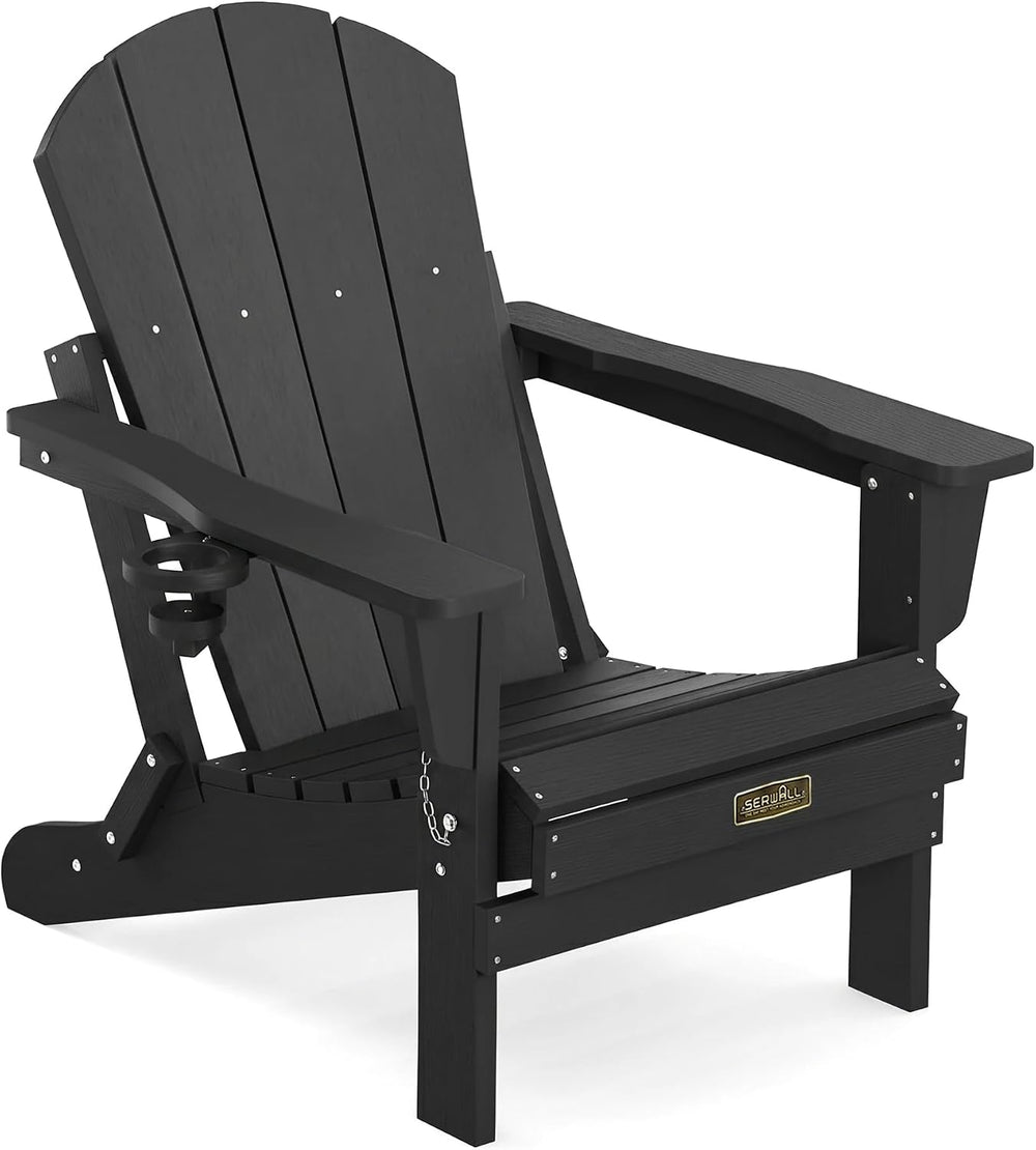 SERWALL Folding Adirondack Chairs with Cup Holder, Outdoor Fire Pit - Black