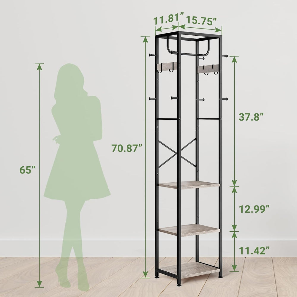 Coat Rack Freestanding, Hall Tree with 3 Shelves and 12 Hooks, Greige