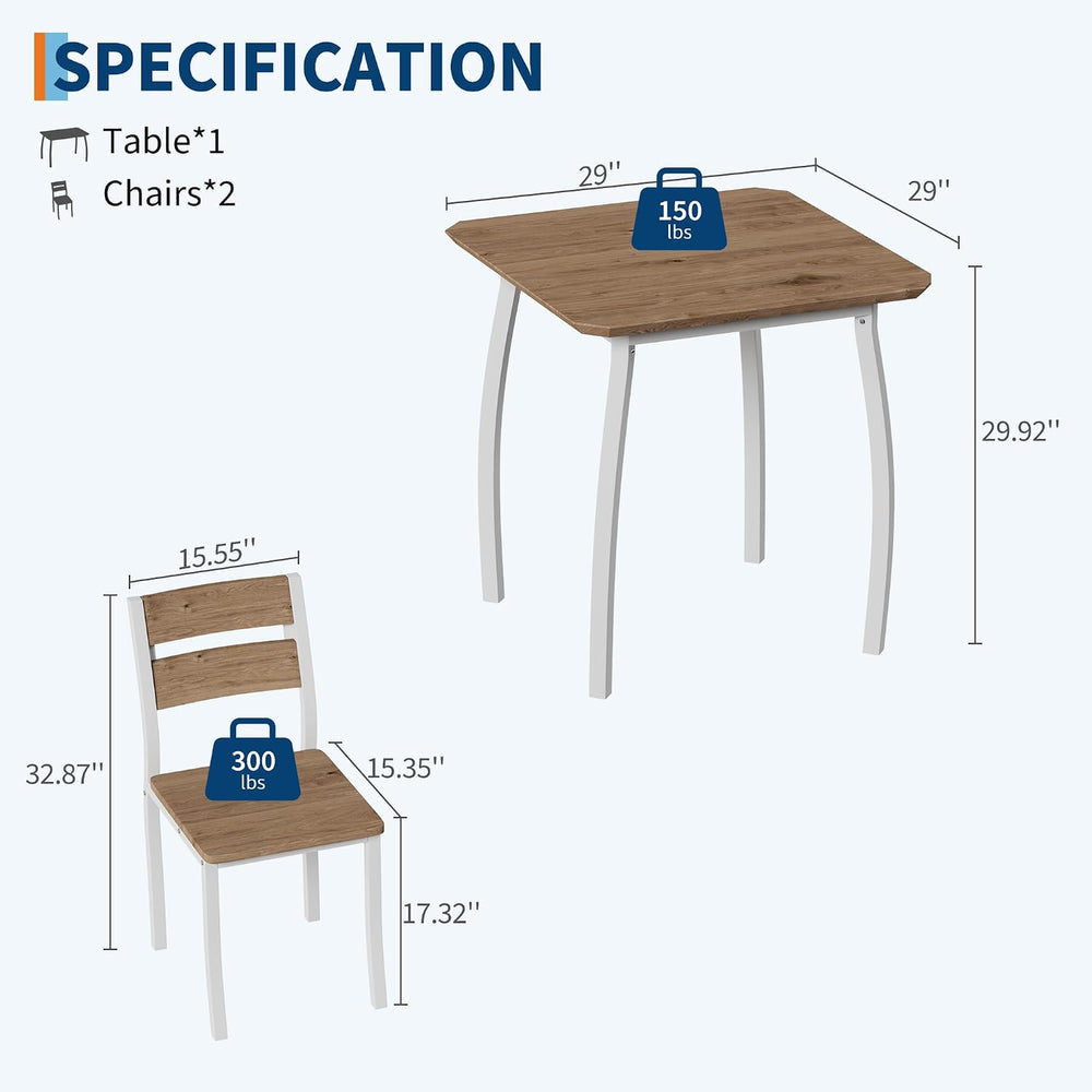 Garvee 3 Piece Dining Table Set for 2, Farmhouse Kitchen Table and Chair, Met...