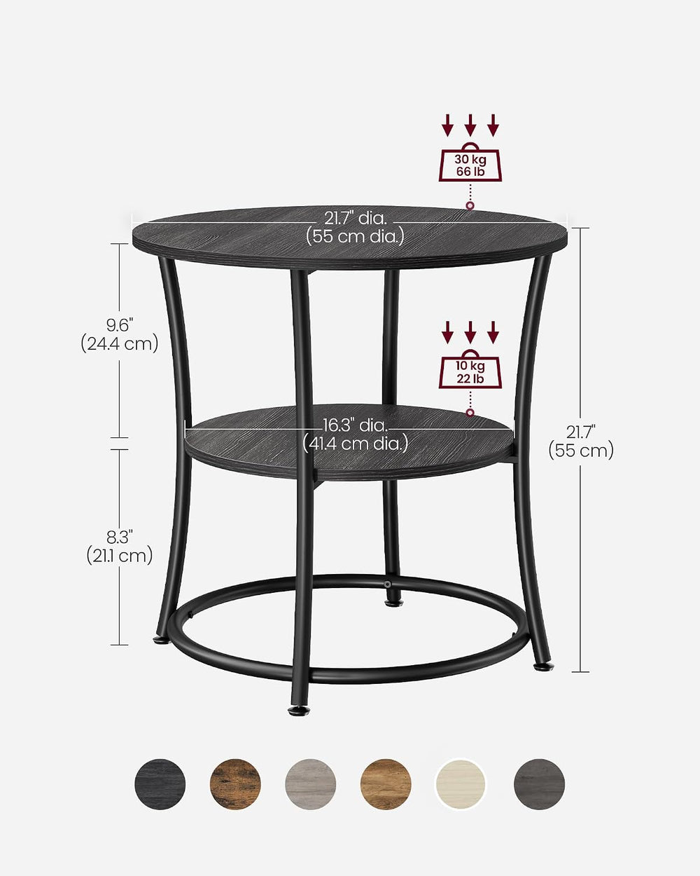 VASAGLE Side Table, 2-Tier Round End Table with 2 Storage Shelves