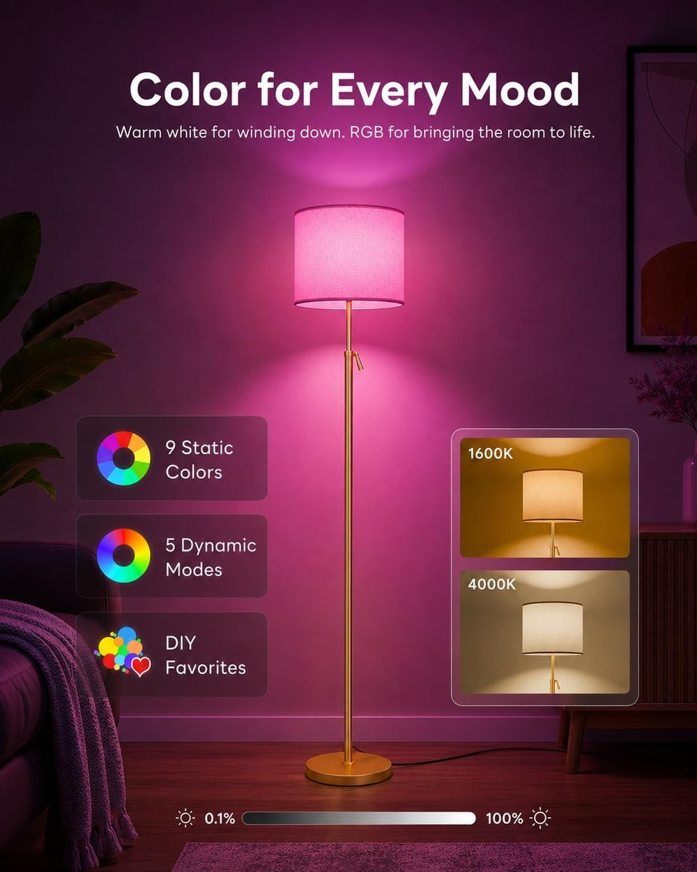 Height Adjustable Floor Lamp, RGB Color Changing LED, 60"-69"