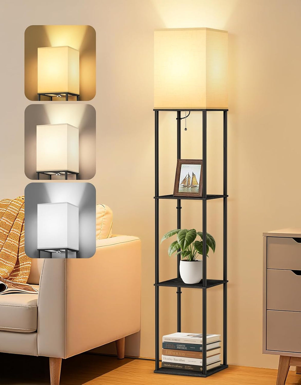OUTON Floor Lamp with Shelves, Modern Square Standing Shelf Lamp, Black