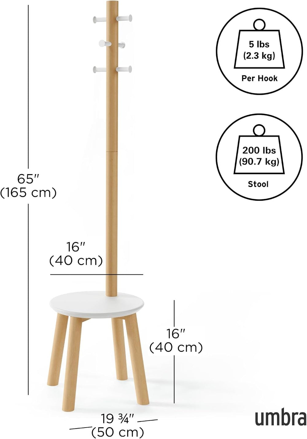 Umbra Pillar Coat Rack with Stool, Freestanding 6 Hooks, White/Natural