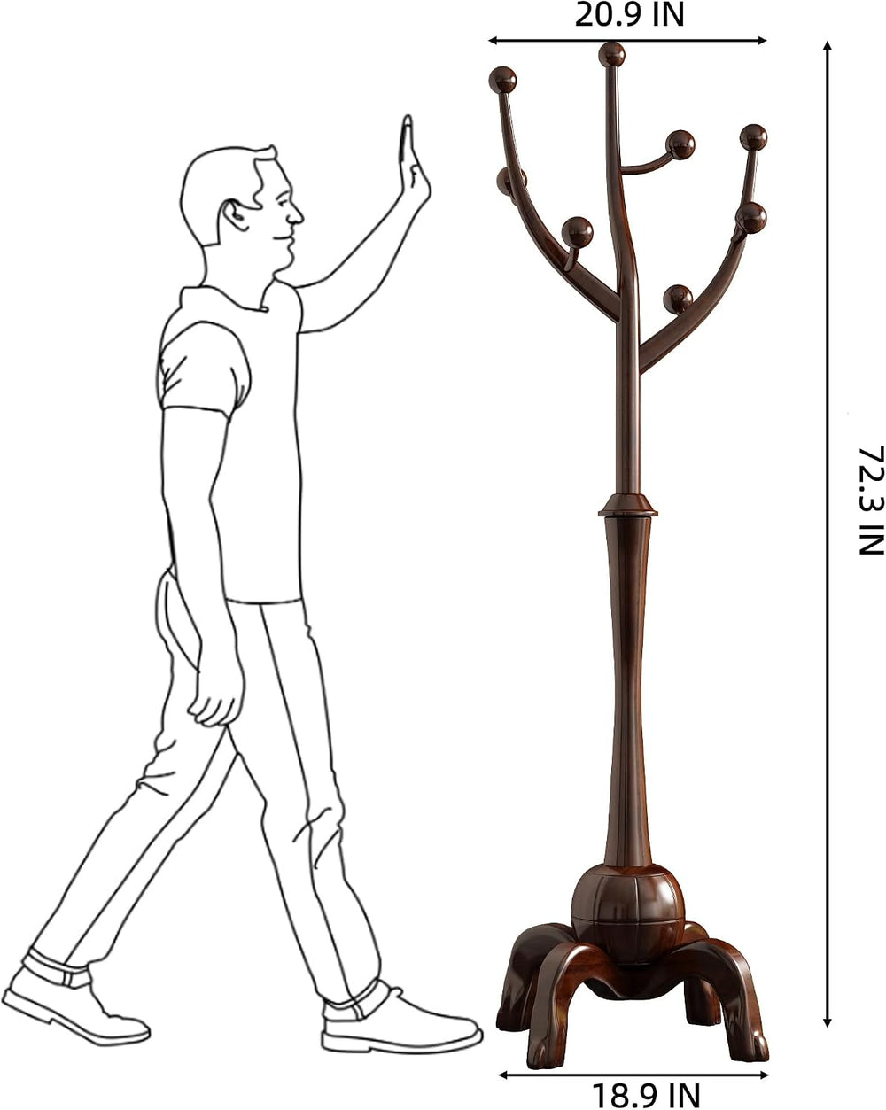 Wood Freestanding Coat Rack 8 Hooks Coat Tree Standing,Dark Walnut