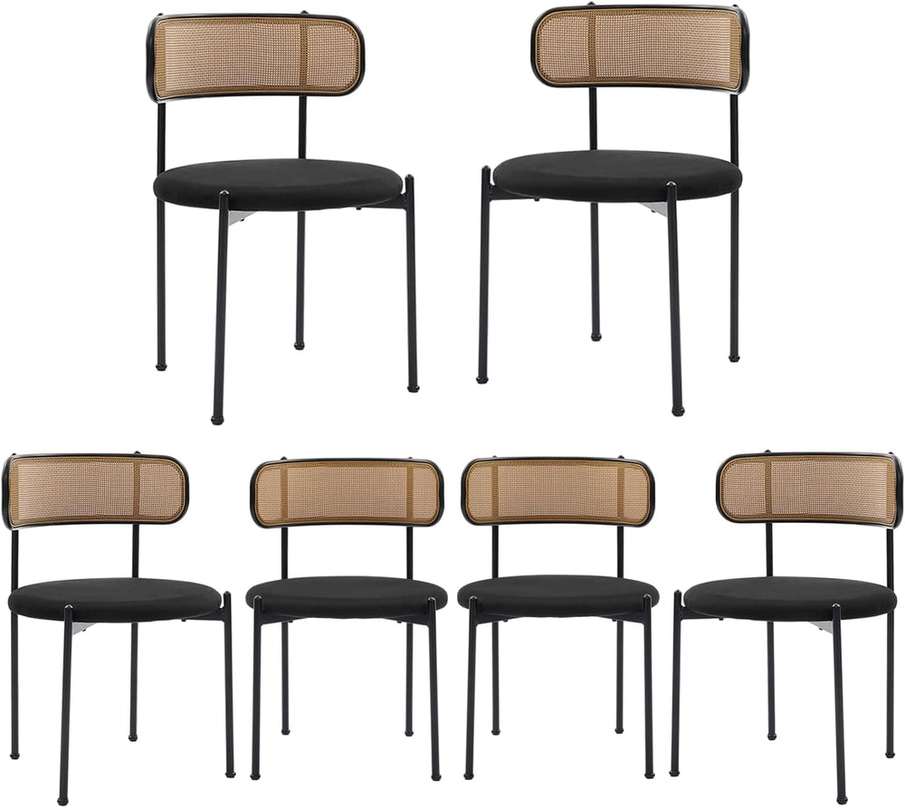 Black Rattan Dining Chairs Set of 6, Mid-Century Modern Chair with Boucle, Ki...