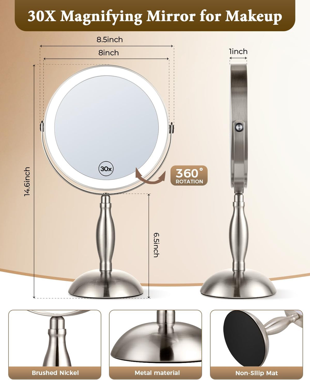 8"Makeup Mirror with Light–Brushed Nickel, 30X Magnifying/1X Double Sided