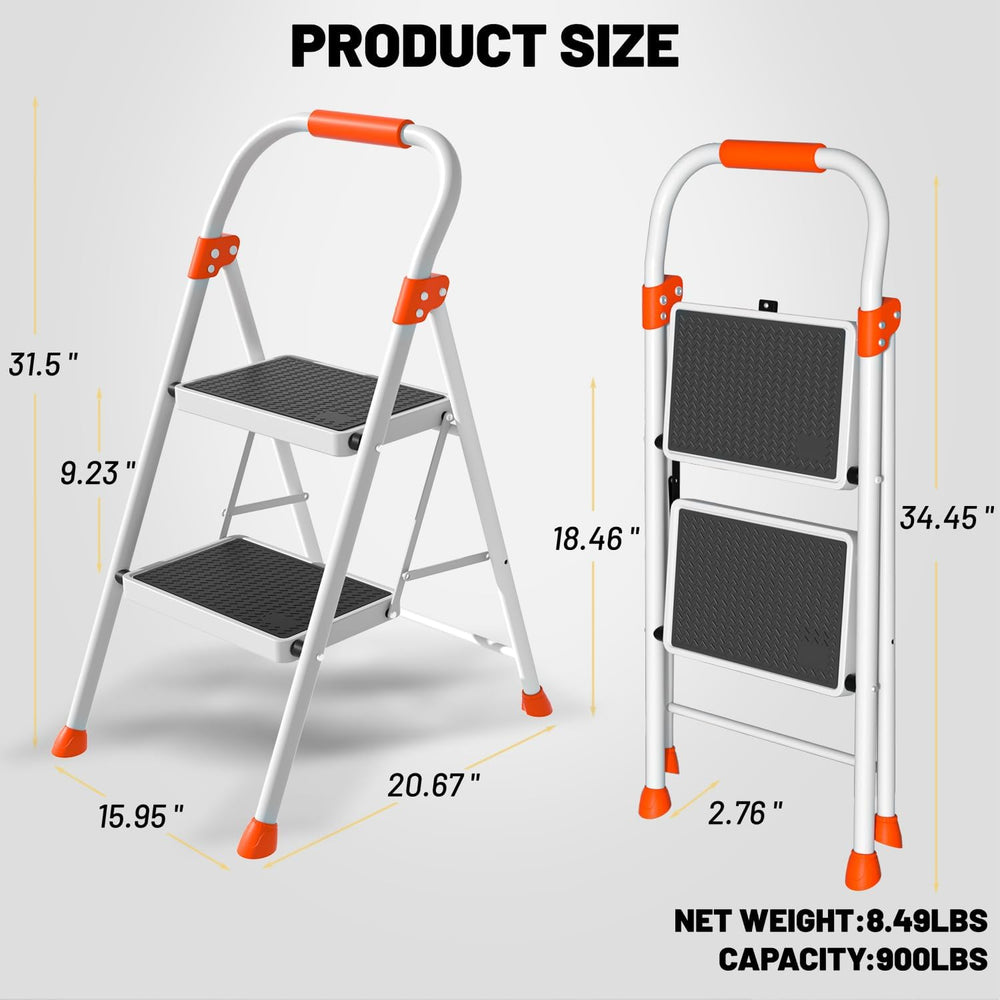 2 Step Ladder, Heavy Duty Step Stool with Orange Cushioned Handle