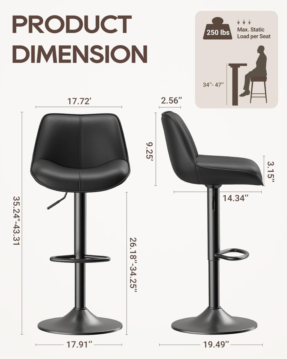 Bar Stools Set of 4, Adjustable Swivel Faux Leather Barstools 26-34inch with ...