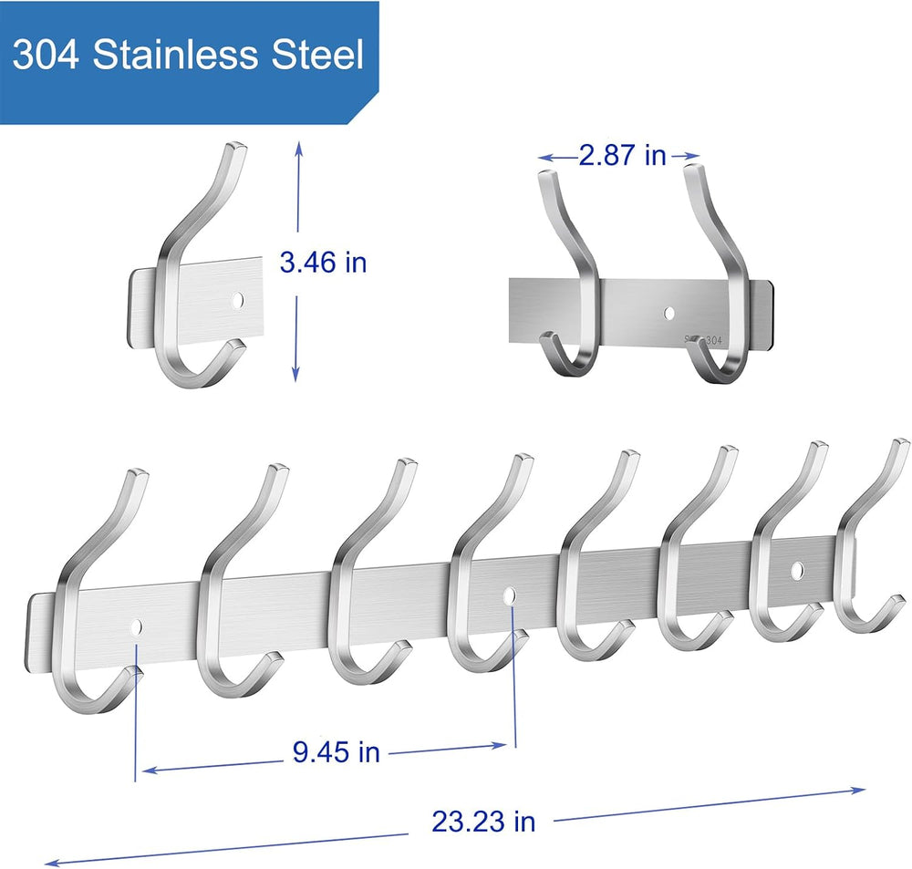 23 Inch Coat Rack Wall Mount with 8 Hooks, 2 Pack Silver Wall Hooks