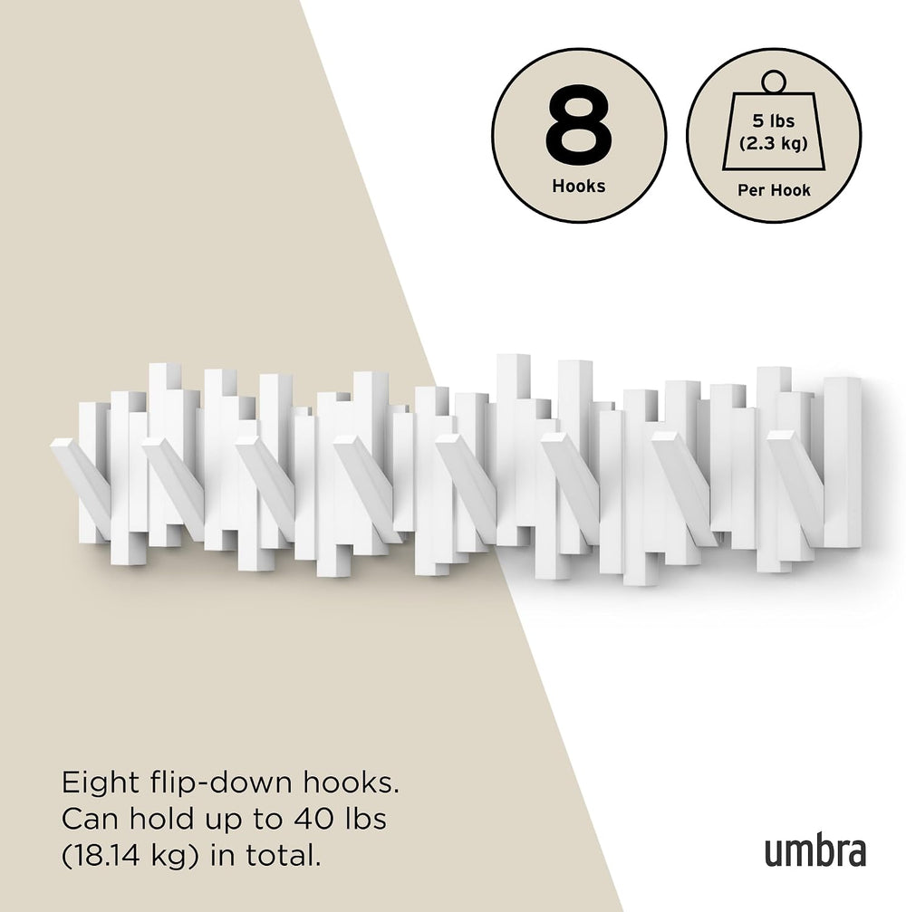 Umbra Sticks Wall Coat Rack, Wall Mount 8 Retractable Hooks, White