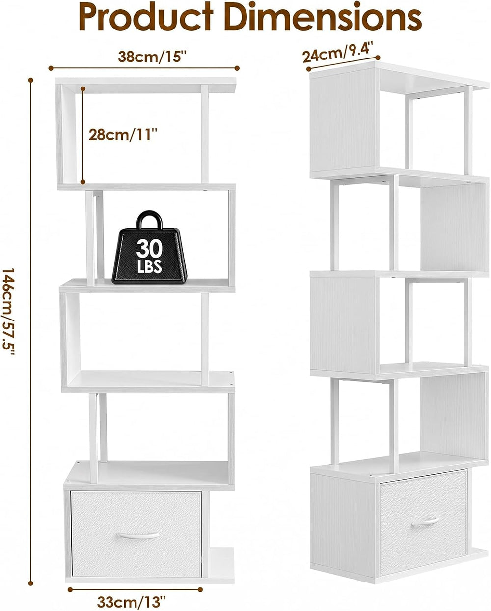 Housolution 6 Tier 57.5" Tall S Shaped Geometric Bookshelf, White
