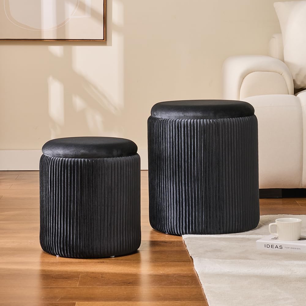 BLEXA Round Ottoman with Storage, Set of 2, Velvet Vanity Stool, Black