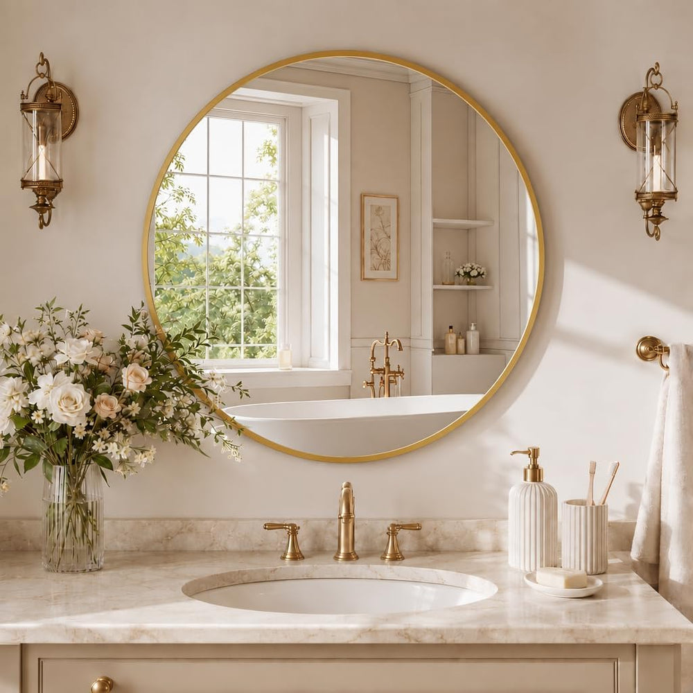 EASLY 24 Inch Round Mirror, Gold Metal Frame Wall Mirror for Bathroom