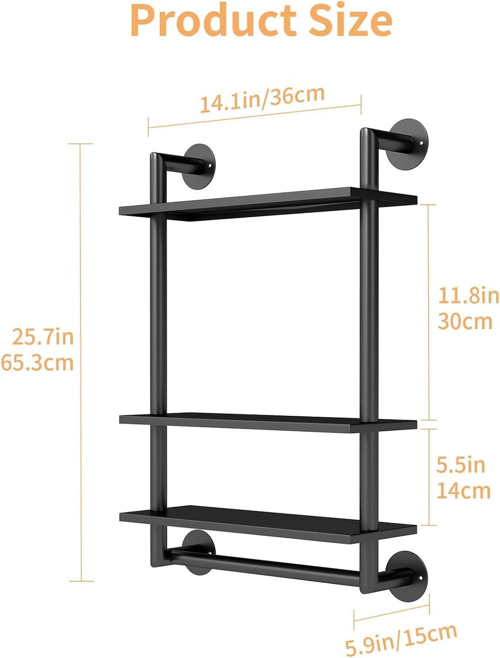STWWO Bathroom Shelves Wall Mounted, 3 Tier Black Bathroom Shelf with Bar