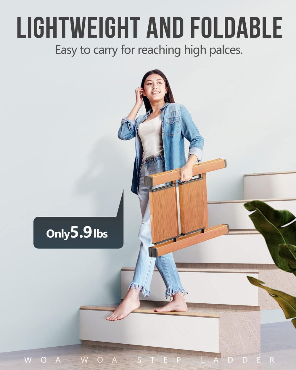 WOA WOA 2 Step Ladder, Foldable Step Stool, 300lbs Load, Wood Grain