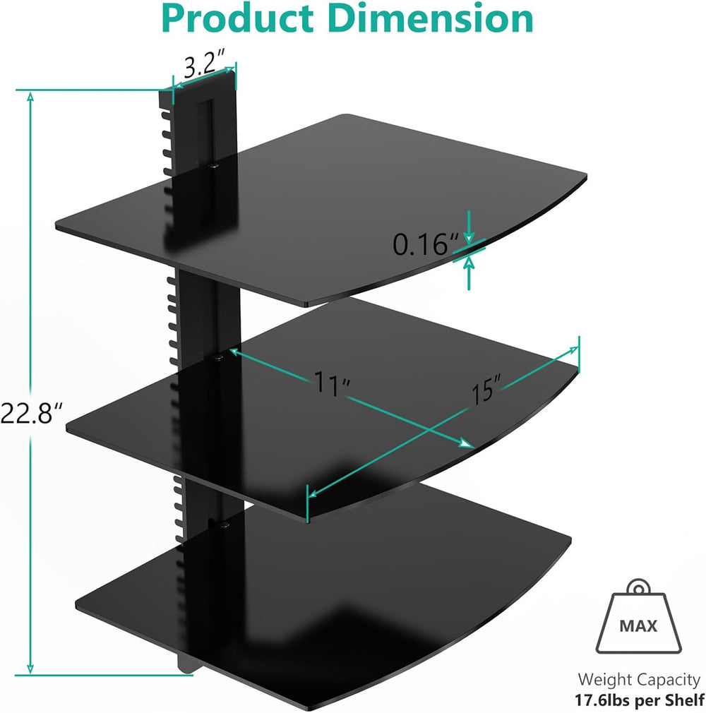 WALI 3 Tier Glass Floating TV Wall Shelf for Projector, DVD Players