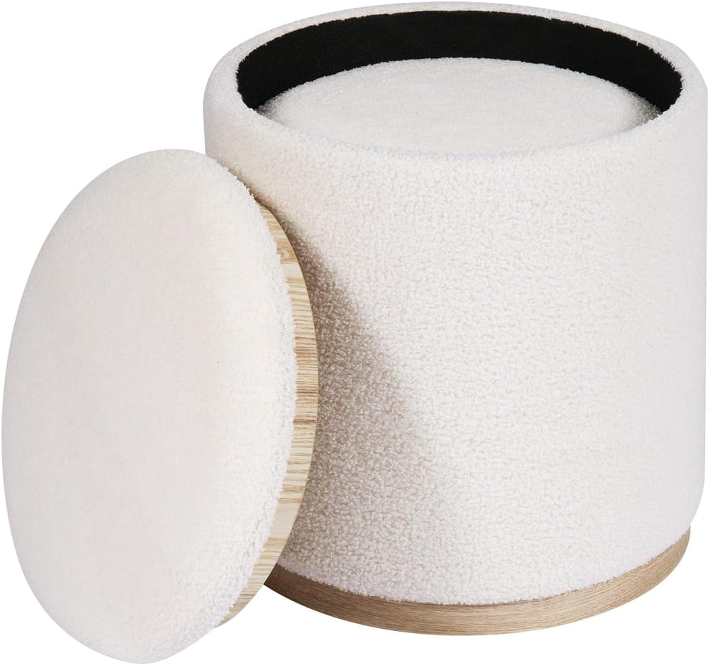 PINPLUS Round Storage Ottoman Set of 2, Cream Boucle Stools with Tray