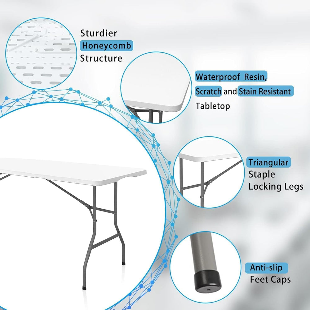 6FT Plastic Folding Table, Fold-in-Half with Carry Handle, White