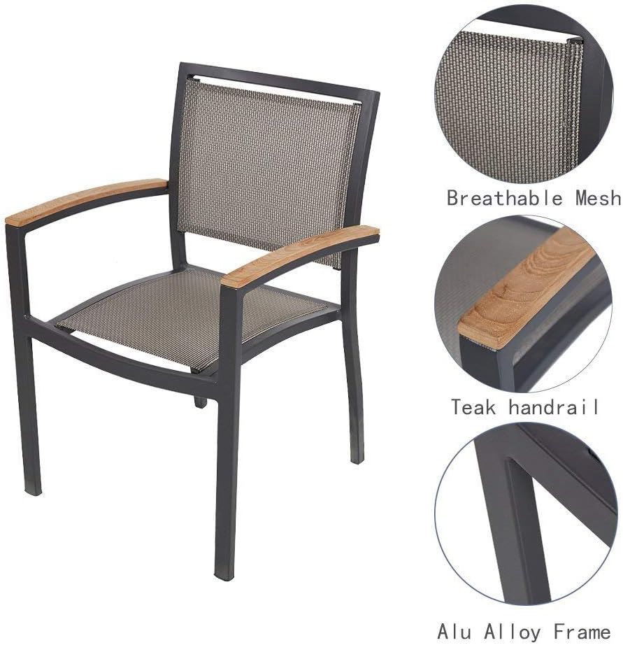 4 Pack Stackable Indoor/Outdoor Patio Dining Chairs with Teak Armrest,Textile...