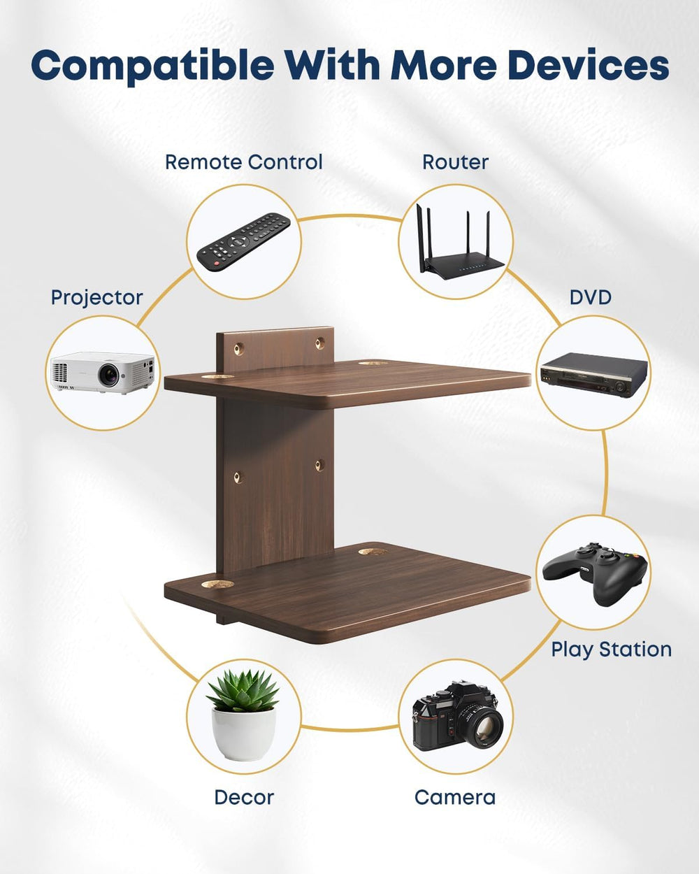 Floating TV Projector Shelf Wall Mount - 2 Tier Wooden Shelf, Walnut Brown