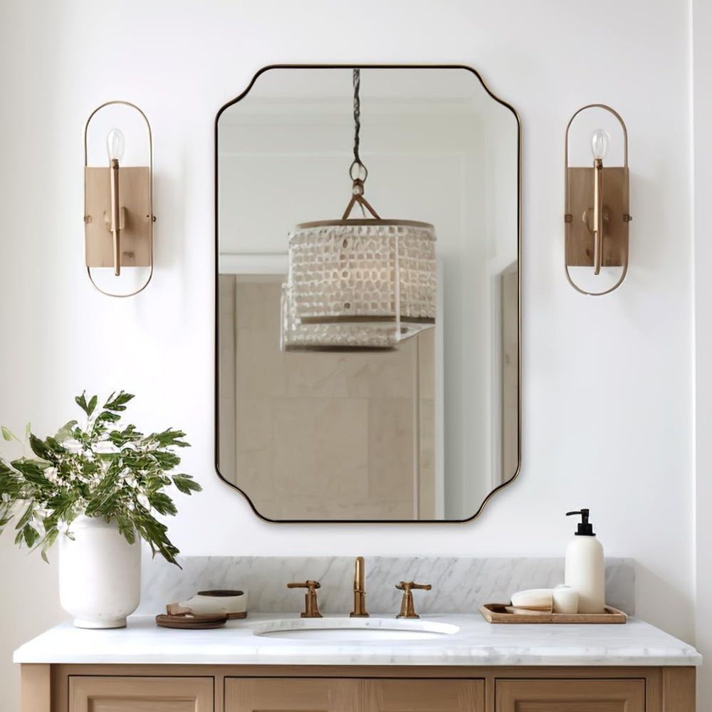 ANDY STAR 24"x36" Gold Mirror, Brushed Brass Scalloped Wall Mirror,...