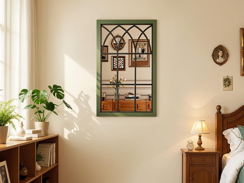 Retro Green Window Mirror for Wall Decor, Wood Frame Decorative Wall Mirror
