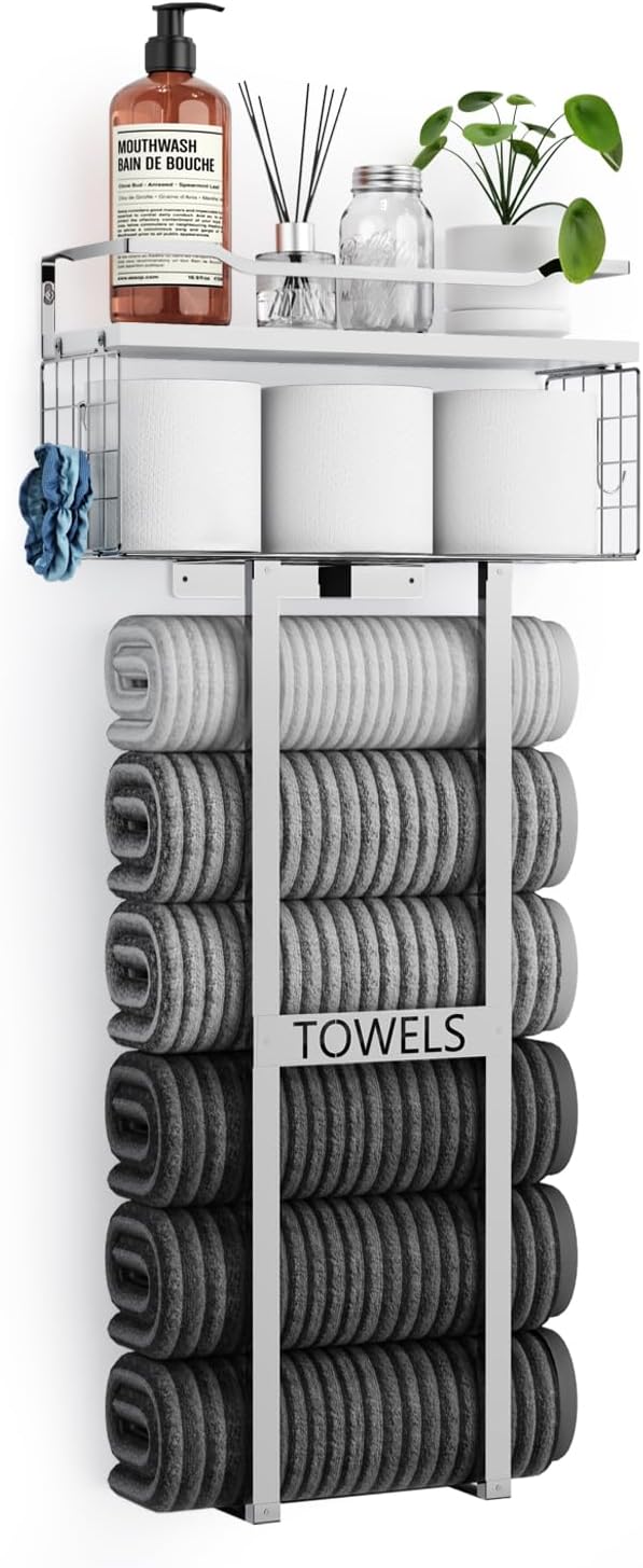 Aetyord Towel Racks for Bathroom - Wall Mounted Metal Rack with Wood Plank, B...