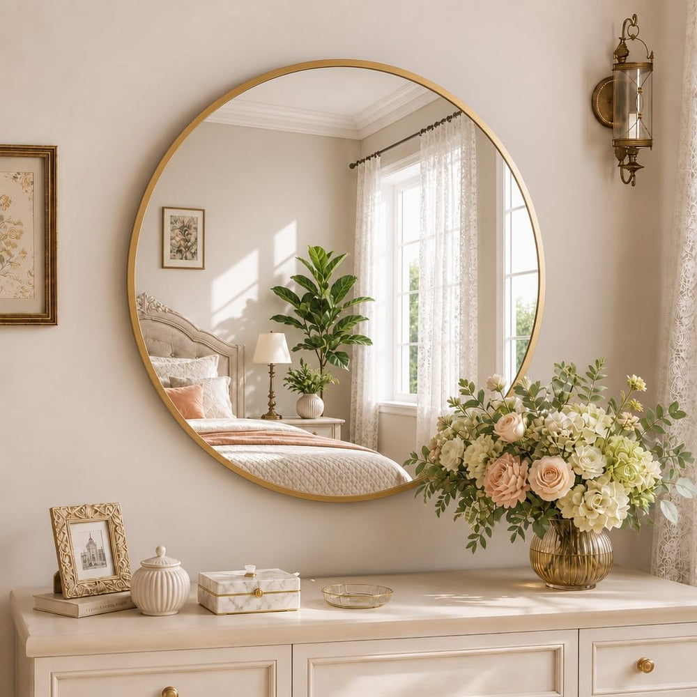 EASLY 24 Inch Round Mirror, Gold Metal Frame Wall Mirror for Bathroom