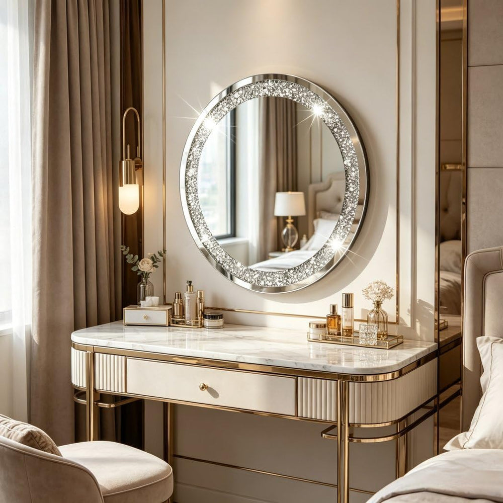 Crystal Crush Diamond Sparkly Round Silver Mirror for Wall Decoration 20x20x1...