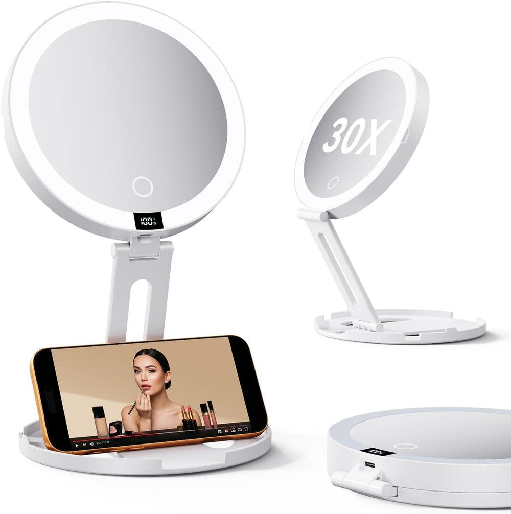 Travel Makeup Mirror with Lights - 1X/30X Magnifying Double Sided Mirror