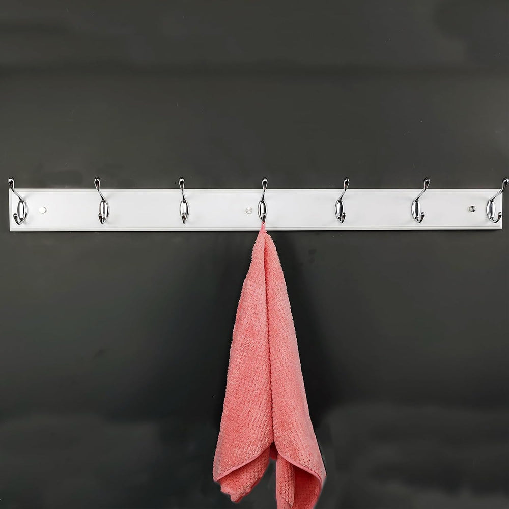 Wooden Wall Mounted Coat Rack – 35 Inch, White with 7 Silver Hooks for Entryw...