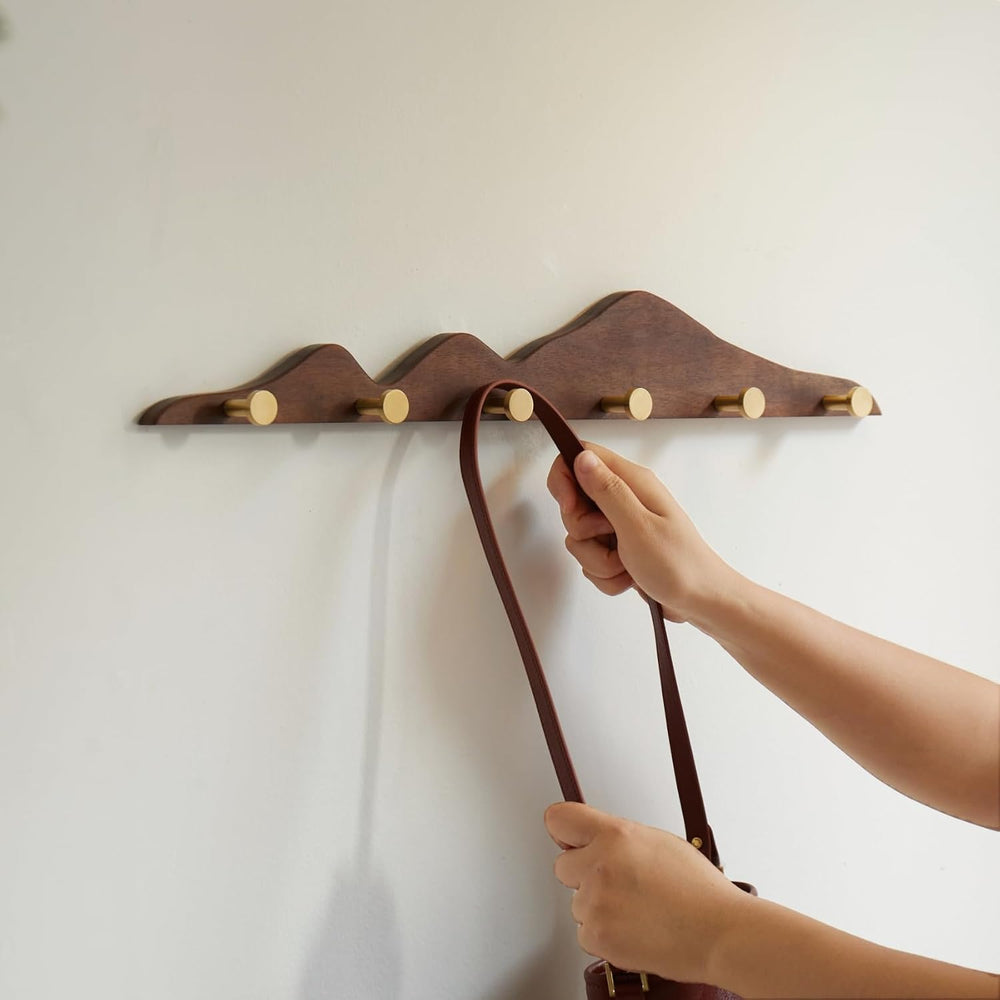 Wall Coat Rack, Walnut Wood, 6 Hooks