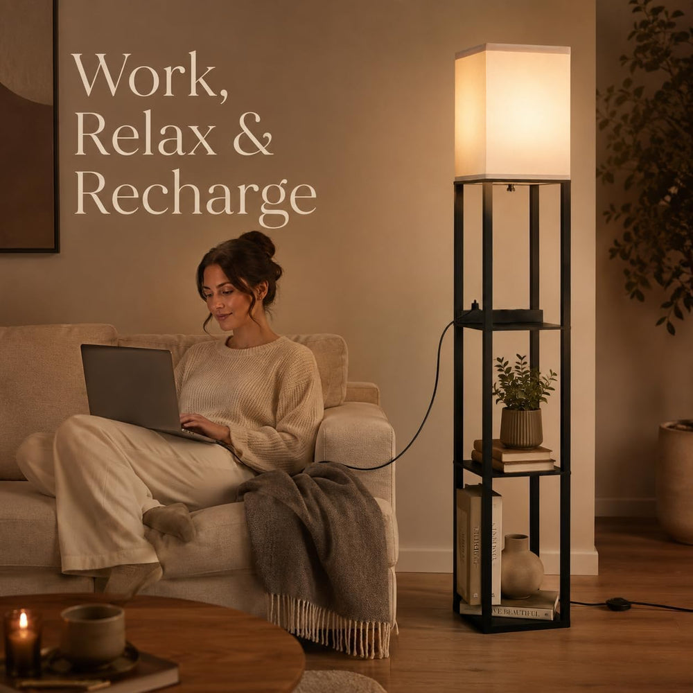 Solid Wood Floor Lamp with Shelves, Dimmable, Remote, for Living Room