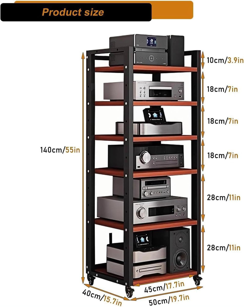 6 Tier AV Media Stand, 55in Audio Rack Tower Stereo Components Cabinet
