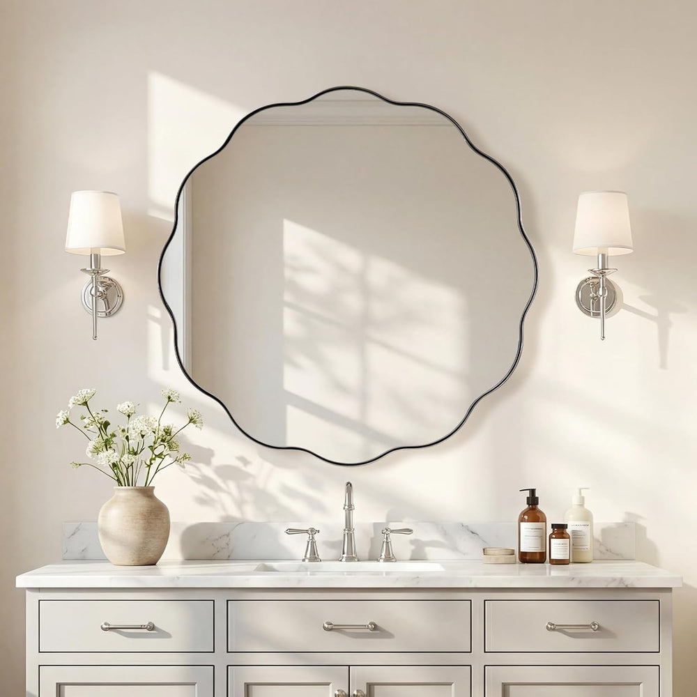 ANDY STAR Chrome Round Wall Mirror 28 inch, Polished Metal Frame Circle Bathr...