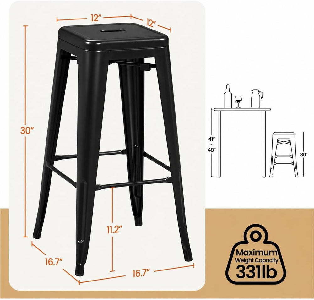 Yaheetech 30 Inch Metal Bar Stools Set of 4, Stackable Barstools, Black