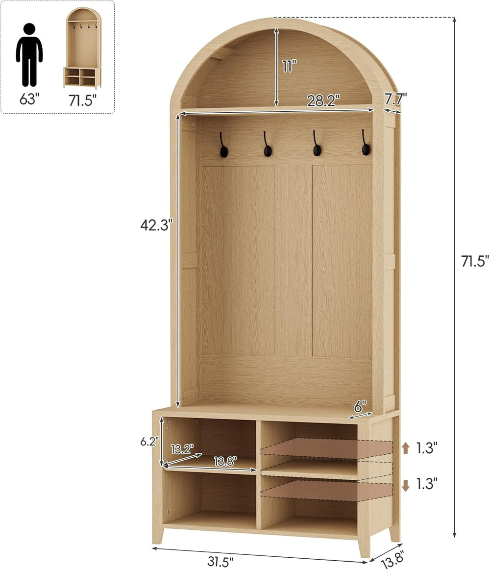 Arched Hall Tree with Bench and Shoe Storage (Oak, 32" W)