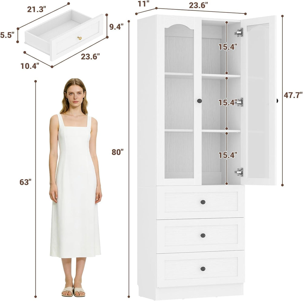 Cyclysio 2 Pack 80" Tall Bookcase with 3 Drawers & Glass Doors, White