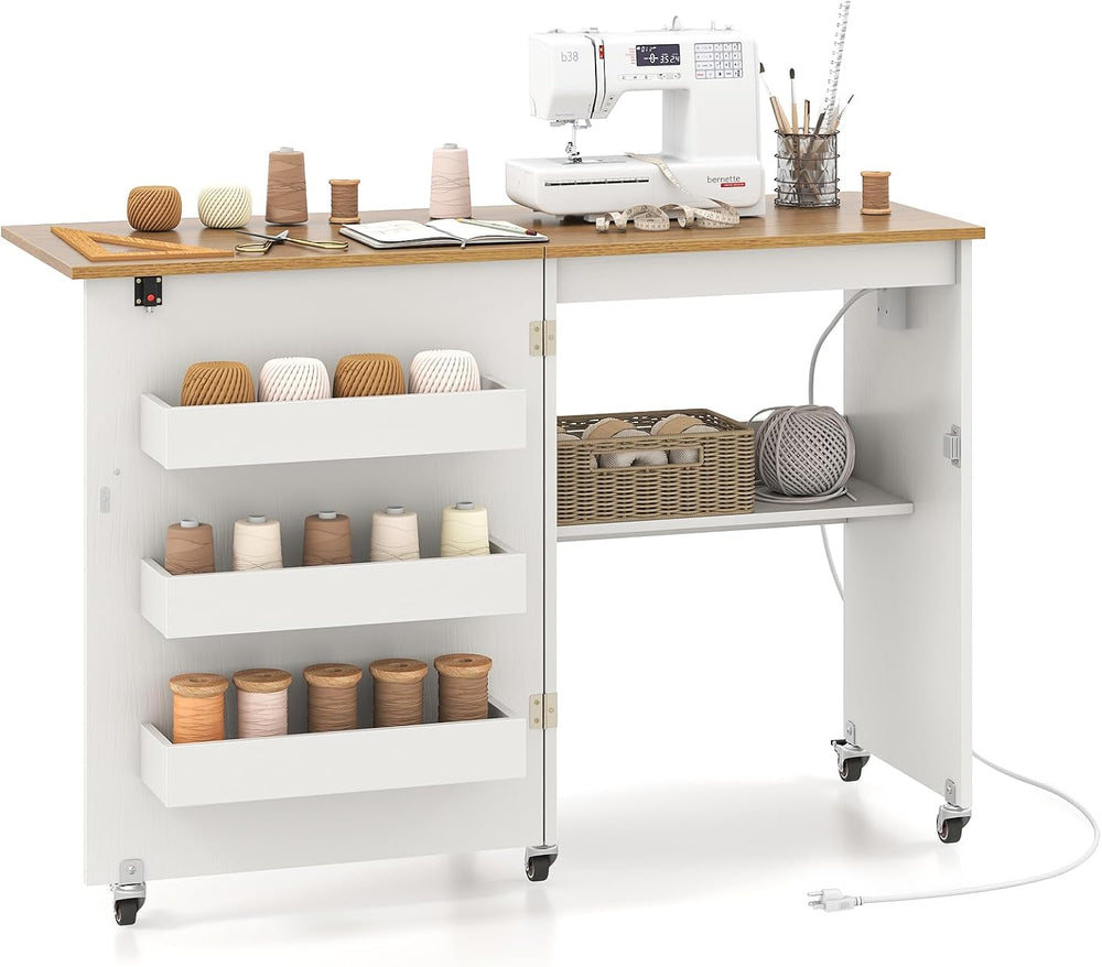 COSTWAY Folding Sewing Table with Charging Station, White & Natural