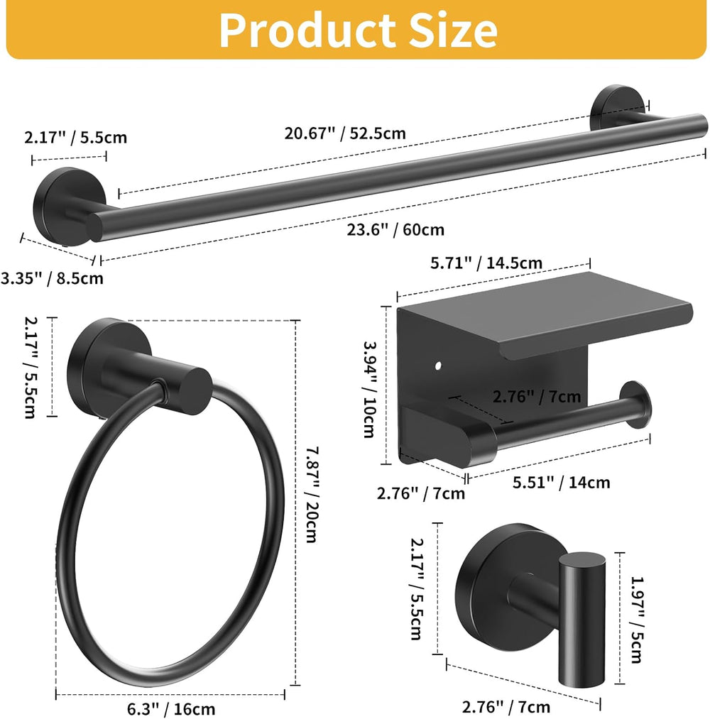 Matte Black Bathroom Hardware Set 7 Piece with 23.6 Inch Towel Bar