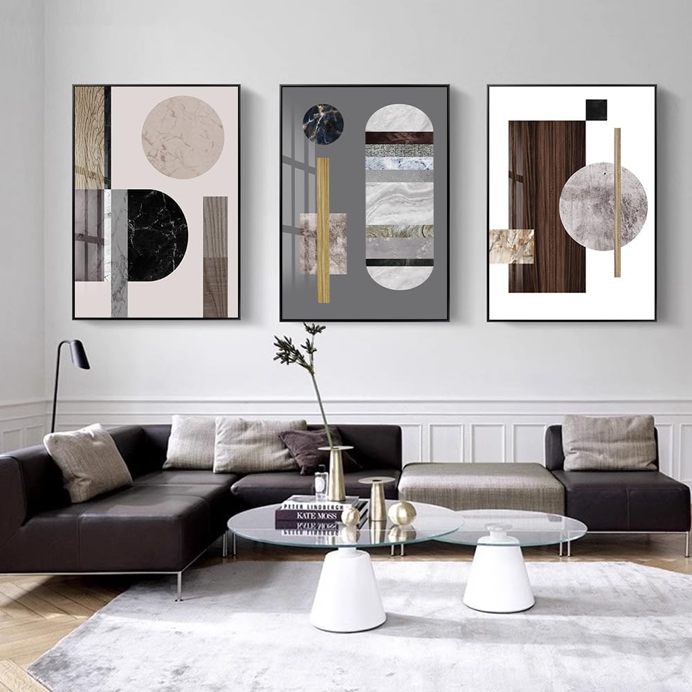 QKF 3Pcs Marble Wood Grain Geometric Crystal Framed Canvas Wall Art Decor