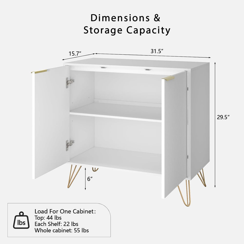 Storage Cabinet with 2 Fluted Doors and Adjustable Shelves, White丨Modern Wood...